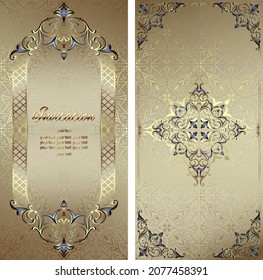 Vintage background mandala business card invitation with golden lace ornaments and art deco floral decorative elements