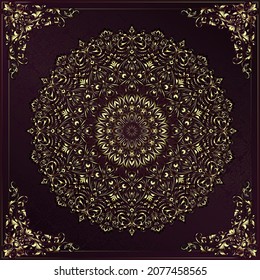 Vintage background mandala business card invitation with golden lace ornaments and art deco floral decorative elements