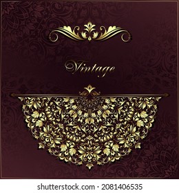 Vintage background mandala business card invitation with golden lace ornaments and art deco floral decorative elements