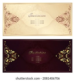 Vintage background mandala business card invitation with golden lace ornaments and art deco floral decorative elements
