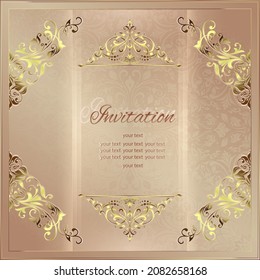 Vintage background mandala business card invitation with golden lace ornaments and art deco floral decorative elements