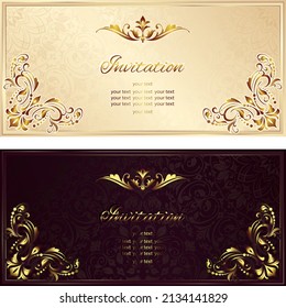 Vintage background mandala business card invitation with golden lace ornaments and art deco floral decorative elements