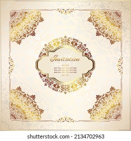 Vintage background mandala business card invitation with golden lace ornaments and art deco floral decorative elements