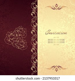 Vintage background mandala business card invitation with golden lace ornaments and art deco floral decorative elements