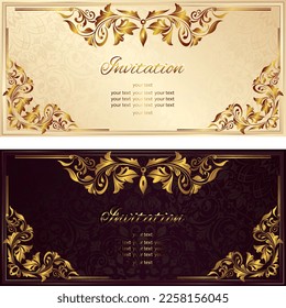 Vintage background mandala business card invitation with golden lace ornaments and art deco floral decorative elements