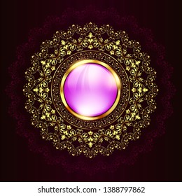 Vintage background mandala card with golden lace ornaments and art deco floral decorative elements