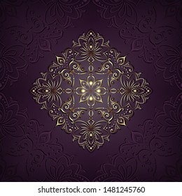 Vintage background mandala card with golden lace ornaments and art deco floral decorative elements
