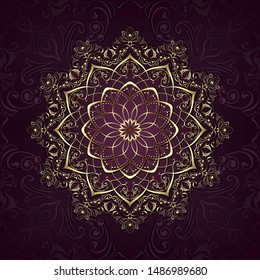 Vintage background mandala card with golden lace ornaments and art deco floral decorative elements