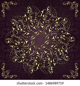 Vintage background mandala card with golden lace ornaments and art deco floral decorative elements