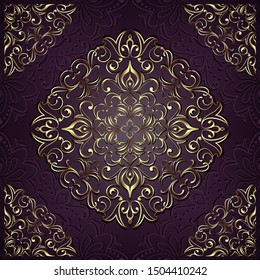 Vintage background mandala card with golden lace ornaments and art deco floral decorative elements
