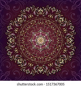 Vintage background mandala card with golden lace ornaments and art deco floral decorative elements