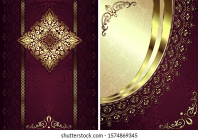 Vintage background mandala card with golden lace ornaments and art deco floral decorative elements