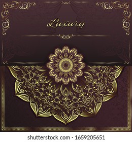 Vintage background mandala card with golden lace ornaments and art deco floral decorative elements