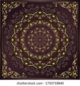 Vintage background mandala card with golden lace ornaments and art deco floral decorative elements