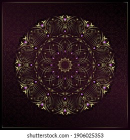 Vintage background mandala card with golden lace ornaments and art deco floral decorative elements