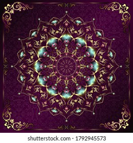 Vintage background mandala clock card with golden lace ornaments and art deco floral decorative elements