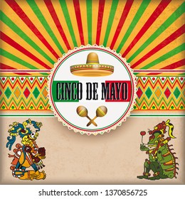 Vintage background with mexican ornaments, emblem, maya gods and retro sun. Eps 10 vector file.