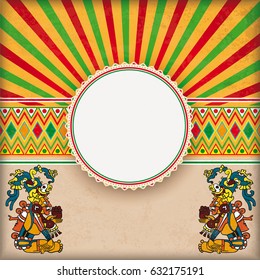 Vintage background with mexican ornaments, emblem, maya gods and retro sun. Eps 10 vector file.