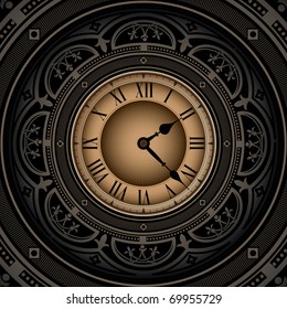 Vintage background with old clock. Vector illustration.