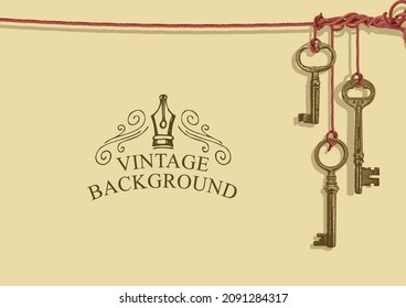 Vintage background with old keys, hand-drawn vignette and a place for text on an old paper backdrop. Vector illustration with realistic ancient bronze keys hanging on red strings