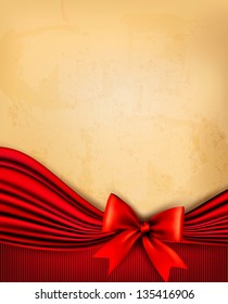 Vintage background with old paper with red gift bow and red ribbon. Vector