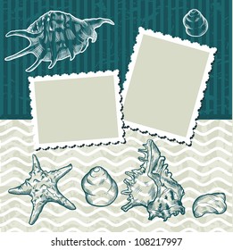 Vintage background with old postcards and seashells.