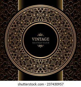 Vintage background, ornamental round frame, vector gold label template