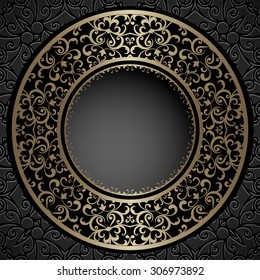Vintage background, ornamental round frame, vector gold label template