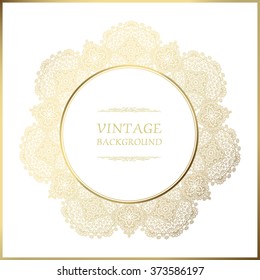 Vintage background, ornamental round frame, vector gold label template. Golden frame on white background.