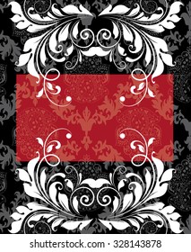 Vintage background with ornate elegant abstract floral design, red and white on black and gray. Vector illustration.