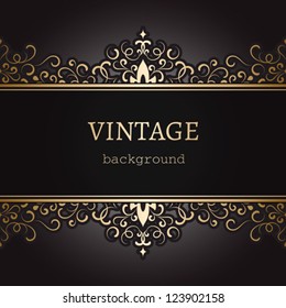 Vintage background, ornate gold label on black, vector design element