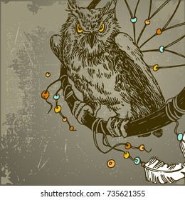 Vintage background. Own and dreamcatcher. Vector illustration.