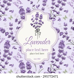 Vintage background, packaging or wrapping with hand drawn floral elements in engraving style - fragrant lavender. Vector illustration.