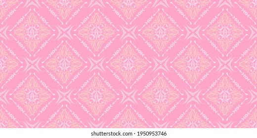 Vintage background pattern with floral ornaments on a pink background, wallpaper. Seamless pattern, texture for your design. Vector illustration 