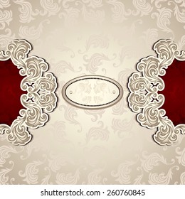 Vintage background with pattern in pearly beige and red colors for invitation or congratulation or for package perfume, cosmetic, jewelry, sweets, tea or for label Wine, vodka 