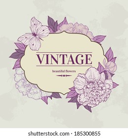 Vintage background with peony and butterfly. Vector illustration. Use for invitations, greeting cards.