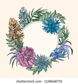Vintage background with peony, hyacinth and clematis flowers