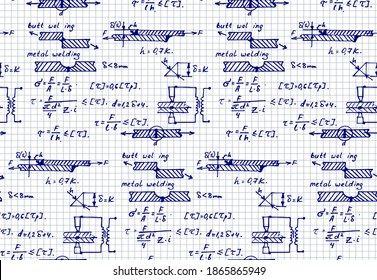 Vintage background with physics formulas and equations. Materials - metal welding. Vector seamless pattern on notebook page.