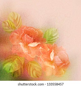 Vintage background with pink flowers (roses), leaves and subtle texture of backdrop in retro style. Abstract vector romantic floral card. Perfect for wedding, greeting or invitation design