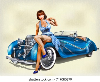 Vintage background with pin-up girl and retro car.