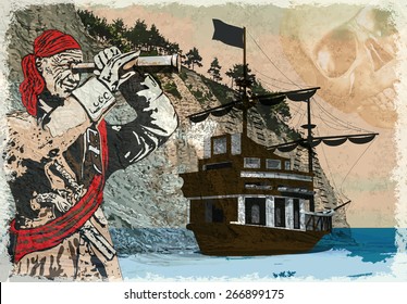 Vintage background with pirate and sailing vessel.