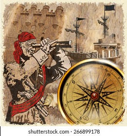 Vintage background with pirate,  sailing vessel and  compass.