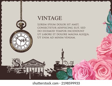 Fondo vintage con lugar para texto. Ilustración vectorial con hermosas rosas, reloj de bolsillo antiguo colgado en una cadena sobre un fondo abstracto con una fachada de edificio antiguo, inkwell, plumas, vela