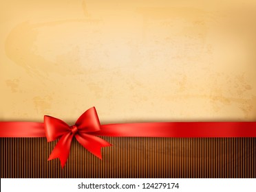 Vintage background with red gift bow and ribbon on old paper. Vector illustration.