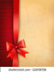 Vintage background with red gift bow and ribbon on old paper. Vector illustration.