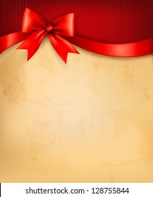 Vintage background with red gift bow and ribbon on old paper. Vector illustration.