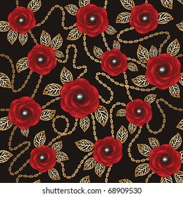 Vintage background with red roses, gold chains and pearls