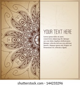 Vintage background. Retro greeting card, invitation with lace and floral ornaments, beautiful, luxury postcard, old paper, page cover, template for design. Pattern element at retro grunge background.