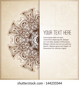 Vintage background. Retro greeting card, invitation with lace and floral ornaments, beautiful, luxury postcard, old paper, page cover, template for design. Pattern element at retro grunge background.