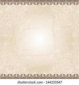 Vintage background. Retro greeting card, invitation with lace and floral ornaments, beautiful, luxury postcard, old paper, page cover, template for design. Pattern element at retro grunge background.